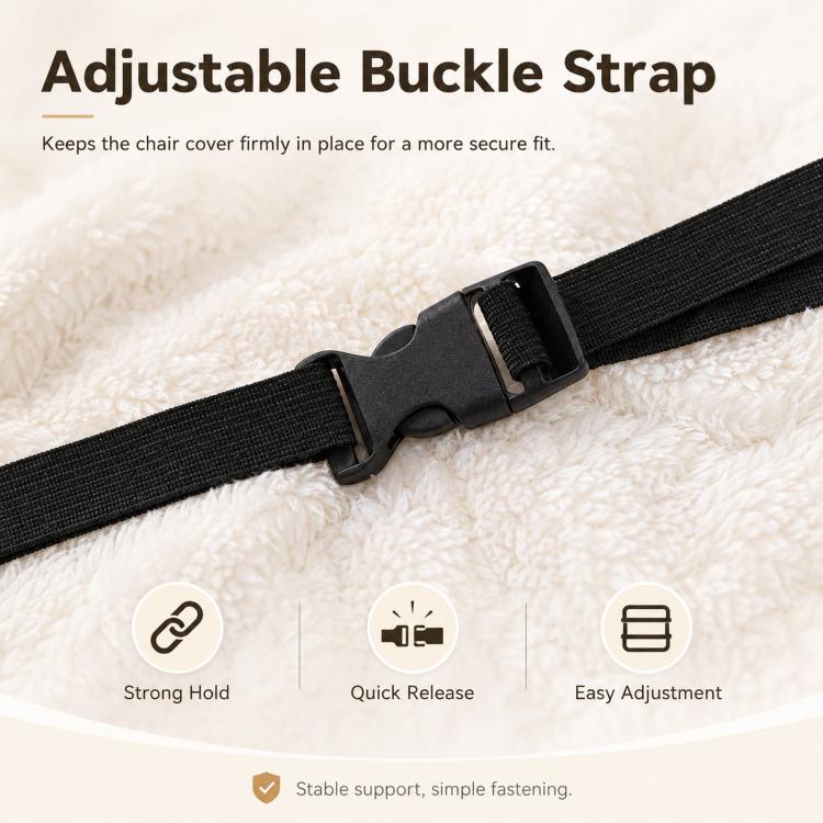 Black adjustable buckle strap on white fleece chair cover for secure fastening