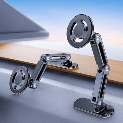 Car phone mount with ring magnetic head and double-jointed elongated arm, black