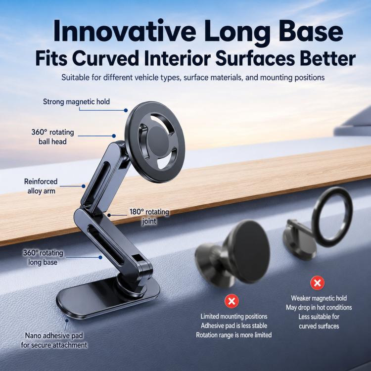 Long-base car phone mount with ring magnetic head and adjustable double-jointed arm, black
