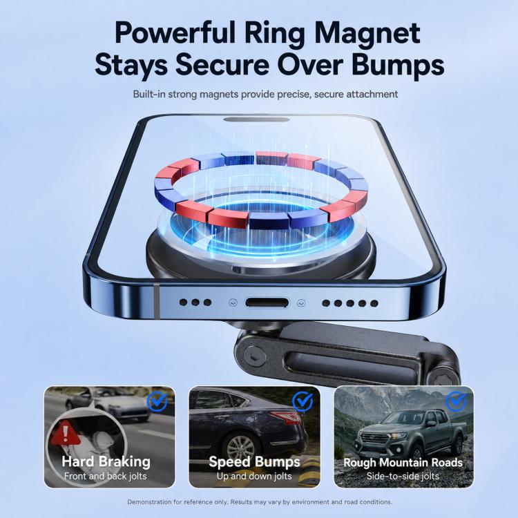 Car phone mount with ring magnet plate, secure magnetic phone holder, black metal arm