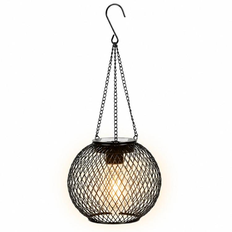 Hanging black metal mesh ball lantern with chain and warm light glow