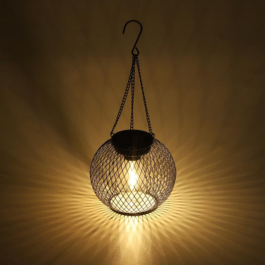 Solar Hanging Lanterns Outdoor Metal Garden Decorative Lights, Black Mesh Ball, Round Cage, Cylindrical Cage