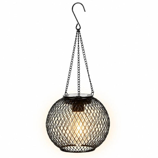 Solar Hanging Lanterns Outdoor Metal Garden Decorative Lights, Black Mesh Ball, Round Cage, Cylindrical Cage
