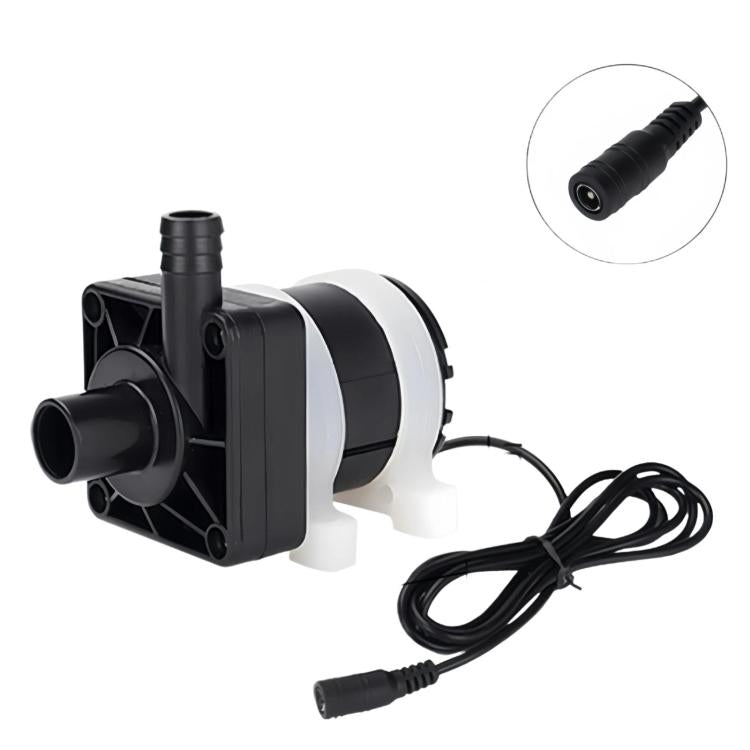 Submersible pump with side intake ports, black nozzle, and power cable