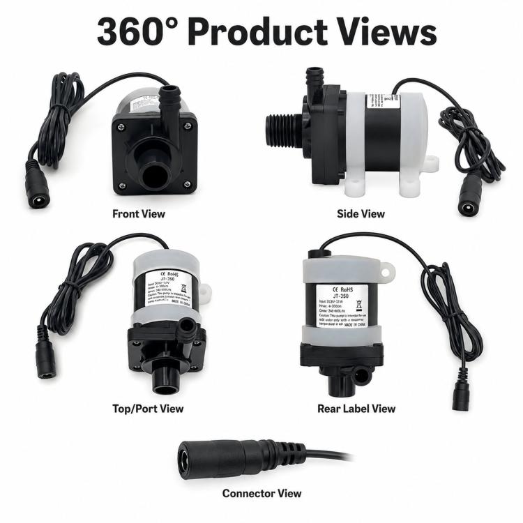 Submersible water pump with multiple views, power cable, and outlet connector