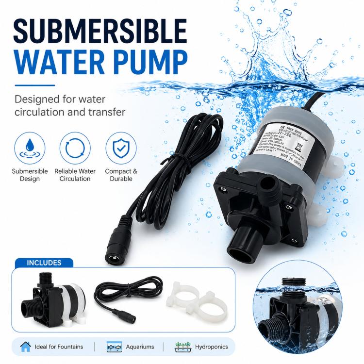 Submersible water pump with power cable and nozzle for water circulation