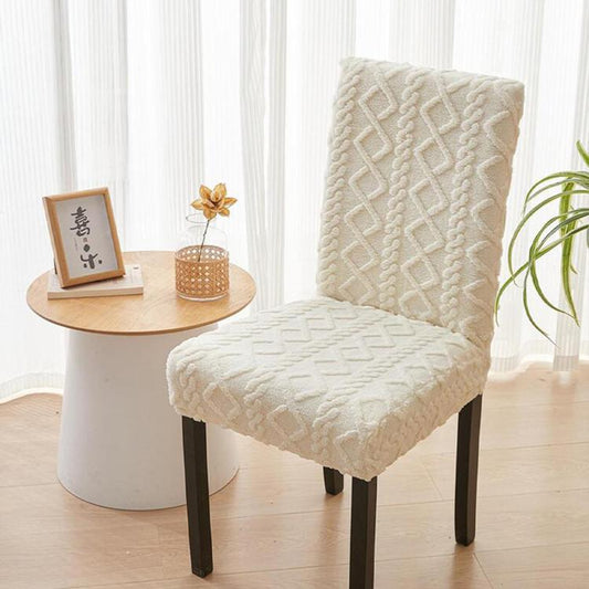 Beige stretch chair cover with braided geometric pattern on seat and back