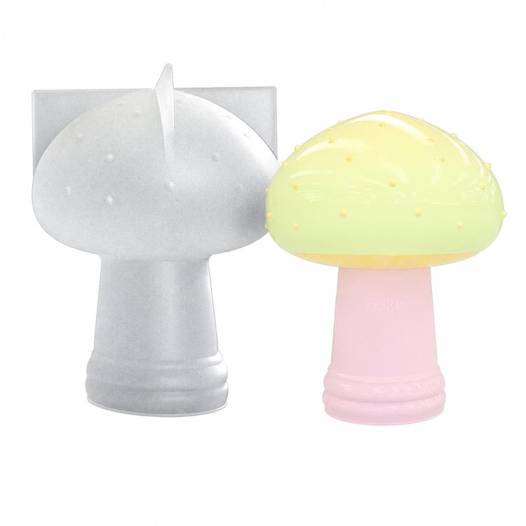 3D silicone mushroom mold set: gray cap with grooved stem and pale yellow cap