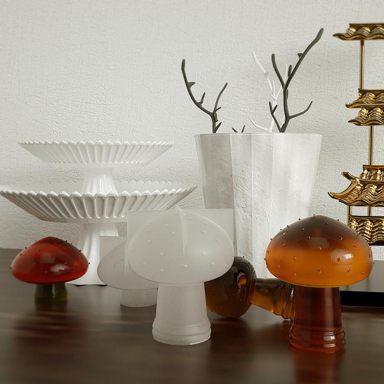 Mushroom-shaped resin or wax pieces in white, speckled caps on grooved stems