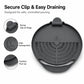 Thermomix strainer lid with clip hinge, circular drain slots, and pour lip