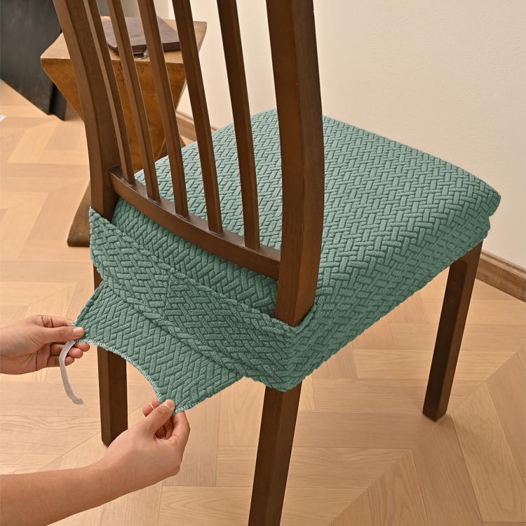 Teal matcha green textured dining chair seat cover with elastic hem and buckle tabs