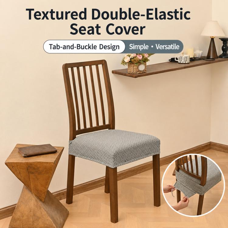 Gray textured dining chair seat cover with elastic fit and buckle tab design