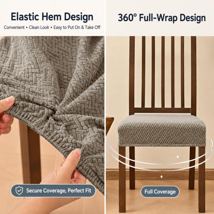 Gray textured dining chair seat cover with elastic hem and 360 full-wrap design