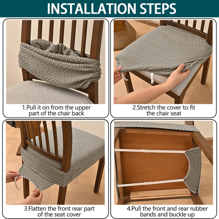 Gray stretch dining chair seat cover shown being stretched and secured in place