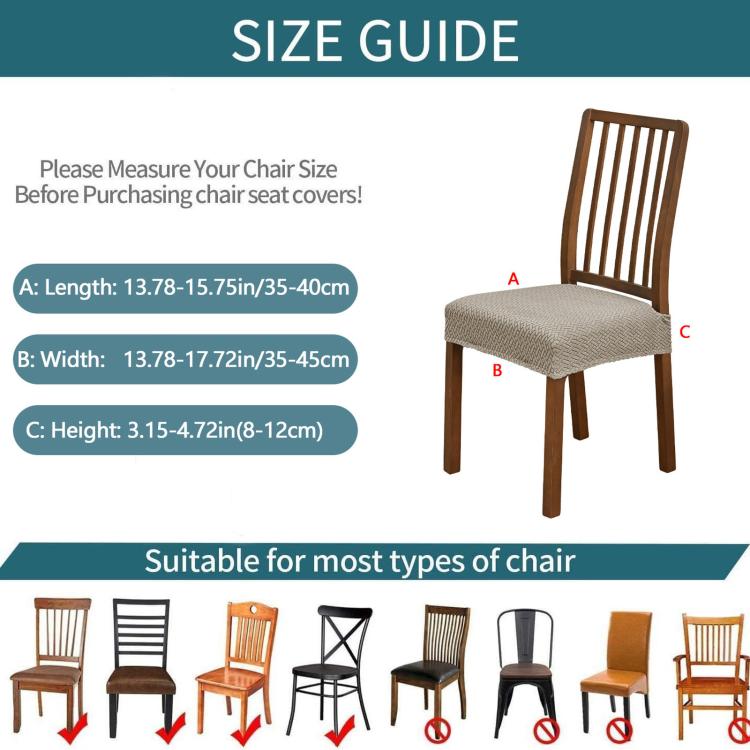 Gray chair seat cover size guide shown on a dining chair for measurement