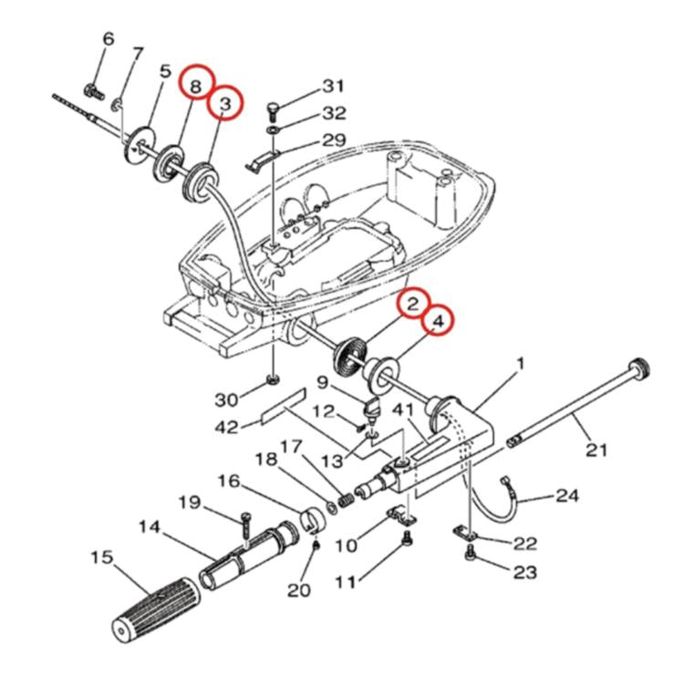 Outboard motor exploded diagram highlighting throttle bushing near handle assembly