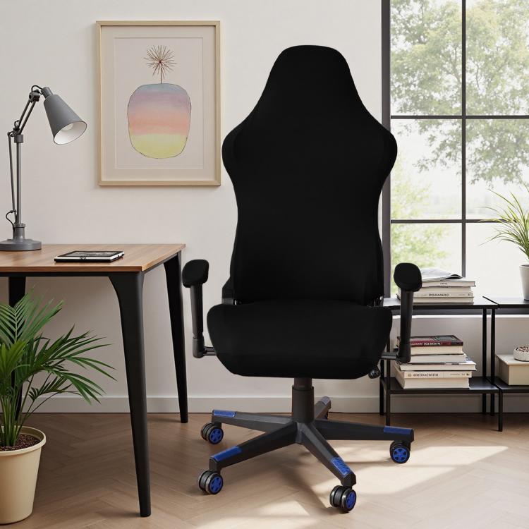 Black stretch gaming chair slipcover with armrest covers, 4-piece set, on office chair