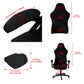 Black gaming chair cover with red size measurement guide for back, seat, and armrest areas