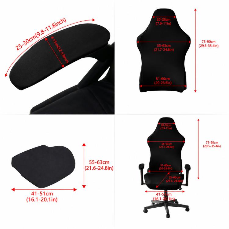Black gaming chair cover with red size measurement guide for back, seat, and armrest areas