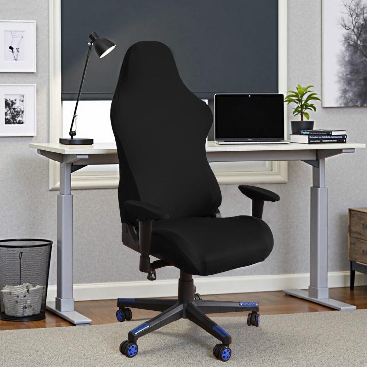 Black stretch gaming chair slipcover with armrest covers fitted on office chair