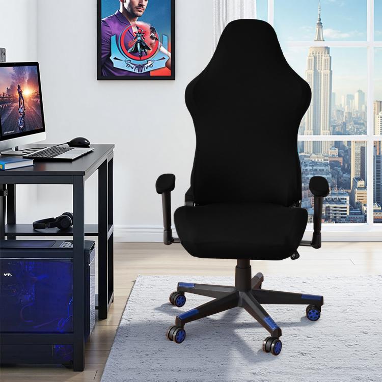 Black gaming chair cover with armrest protectors fitted on rolling office chair