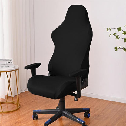 Black stretch gaming chair cover with armrest pads, fitted elastic slipcover