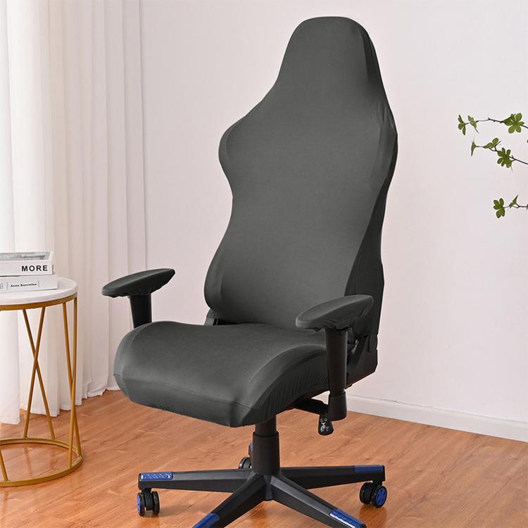 Dark gray stretch gaming chair cover with armrest pads, fitted elastic slipcover