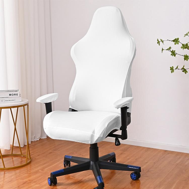 White stretch gaming chair cover with armrest pads, fitted elastic slipcover