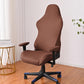 Beige-brown stretch gaming chair cover with armrest pads, fitted elastic slipcover