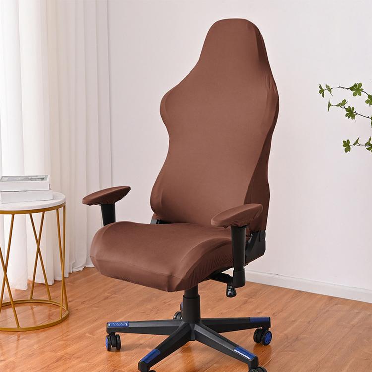 Beige-brown stretch gaming chair cover with armrest pads, fitted elastic slipcover