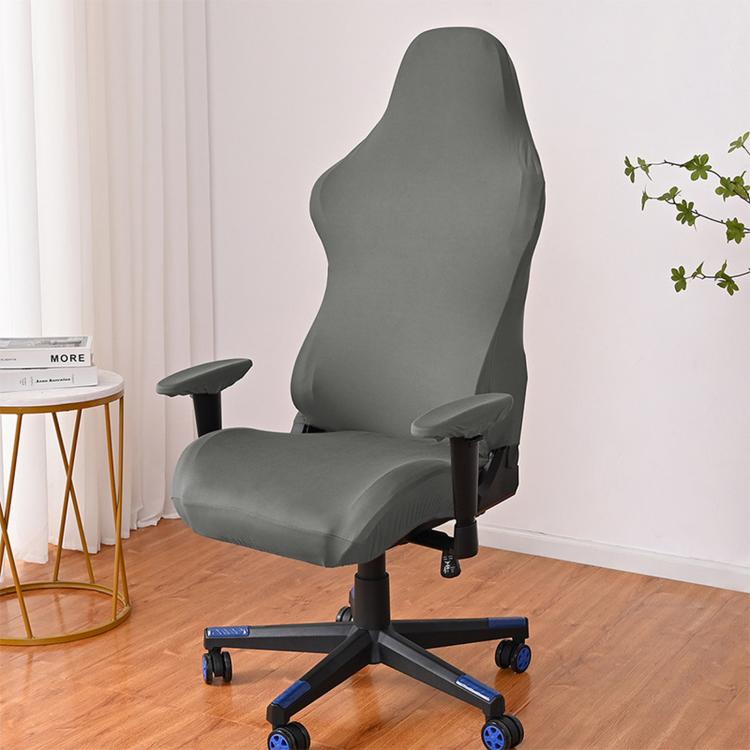 Gray stretch gaming chair cover with armrest pads, fitted elastic slipcover
