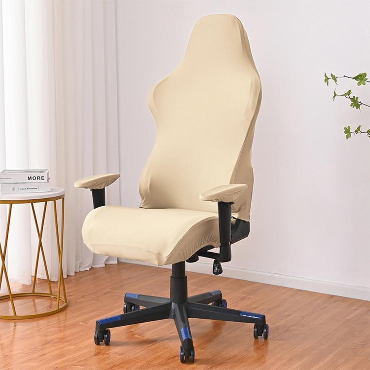 Beige stretch gaming chair cover with armrest pads, fitted elastic slipcover