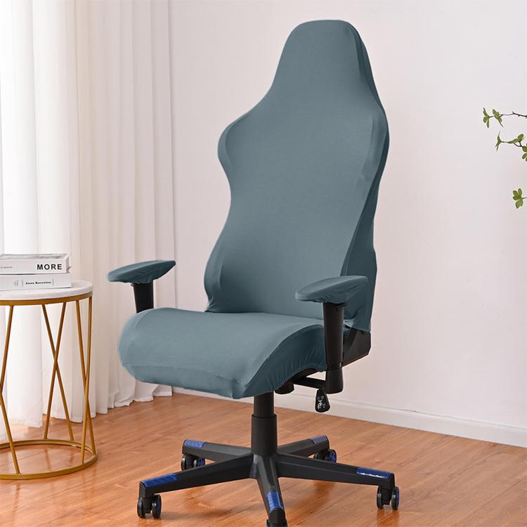 Blue gray stretch gaming chair cover with armrest pads, fitted elastic slipcover