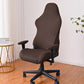 Dark brown gaming chair slipcover with armrest covers, fitted over chair back and seat.