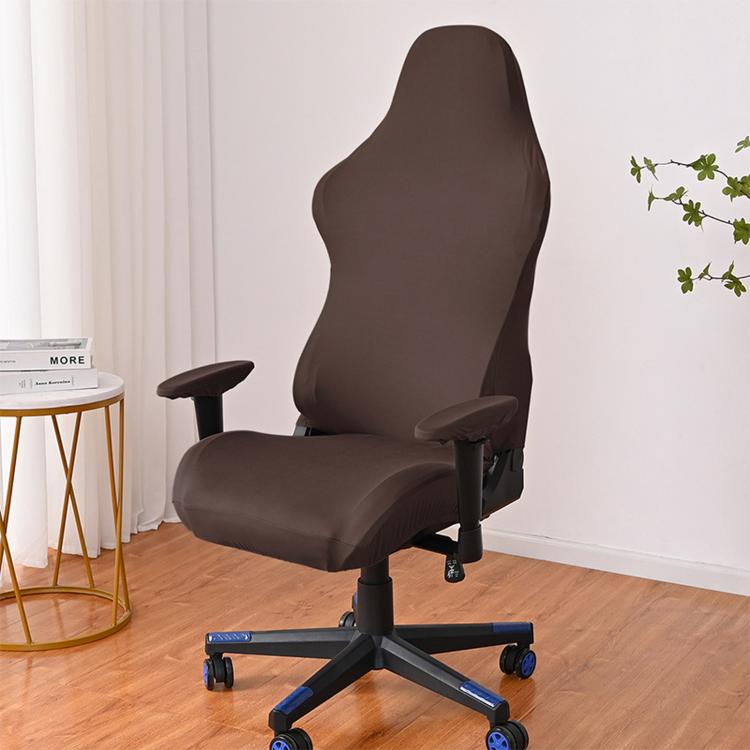 Dark brown gaming chair slipcover with armrest covers, fitted over chair back and seat.