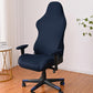 Navy gaming chair slipcover with armrest covers, stretched snugly over chair back and seat.