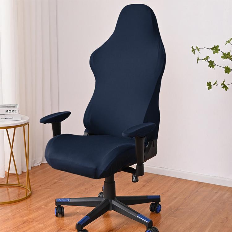 Navy gaming chair slipcover with armrest covers, stretched snugly over chair back and seat.