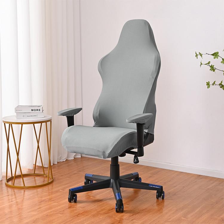 Light gray gaming chair slipcover with armrest covers, contoured fit on chair back and seat.