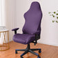 Purple gaming chair slipcover with armrest covers, fitted over chair back and seat.
