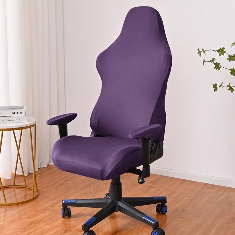 Purple gaming chair slipcover with armrest covers, fitted over chair back and seat.