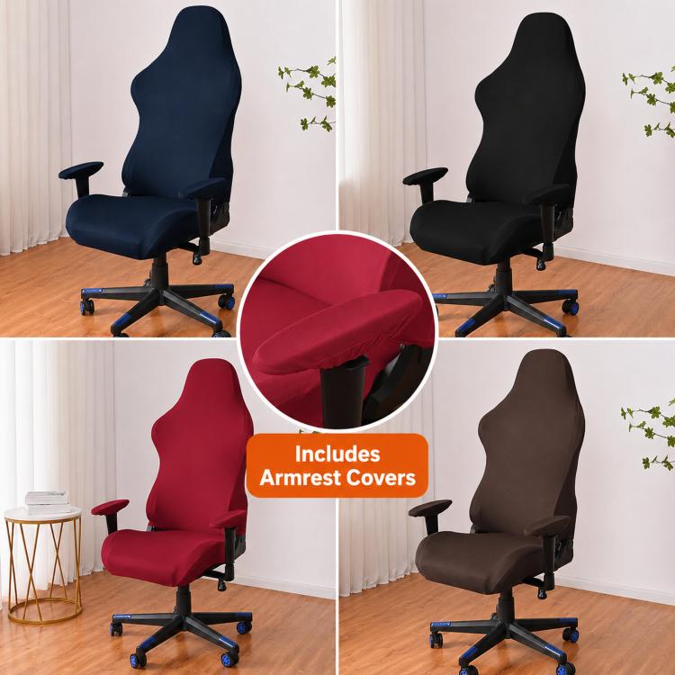Gaming chair cover set with armrest covers shown in multiple colors, including red and black.