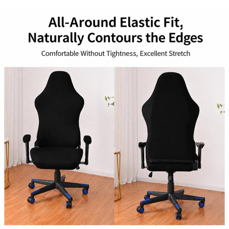 Black gaming chair slipcover with armrest covers, natural contour fit on chair back and seat.