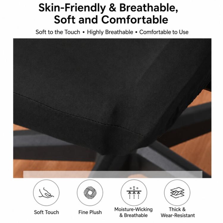 Black gaming chair cover fabric panel with smooth edge hem and elastic bottom trim.
