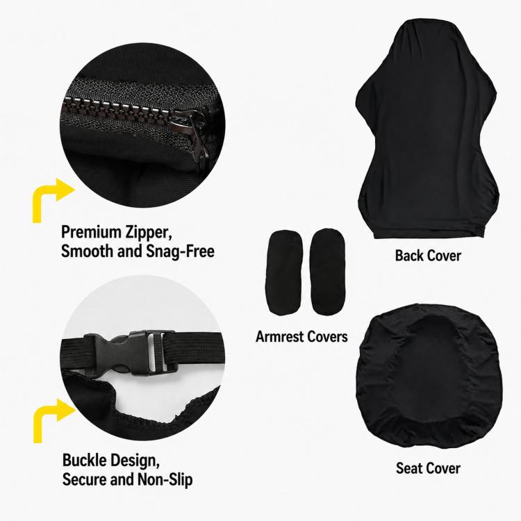 Black gaming chair cover set: back cover, seat cover, armrest covers with zipper closure.