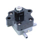 Black and silver outboard motor valve assembly with mounting holes and fittings