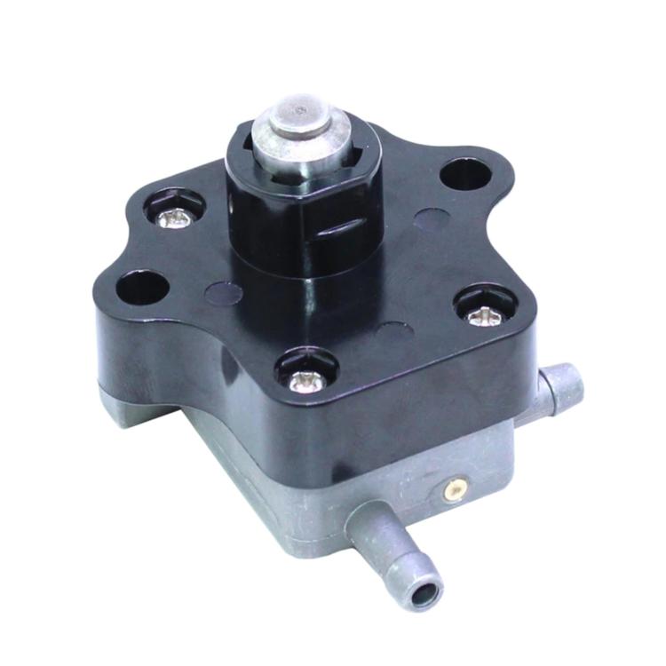 Black and silver outboard motor valve assembly with mounting holes and fittings