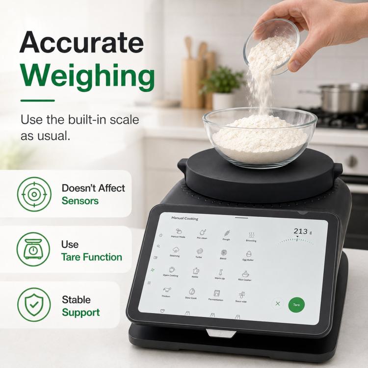Black silicone cover over the Thermomix scale weighing area with a bowl of ingredients