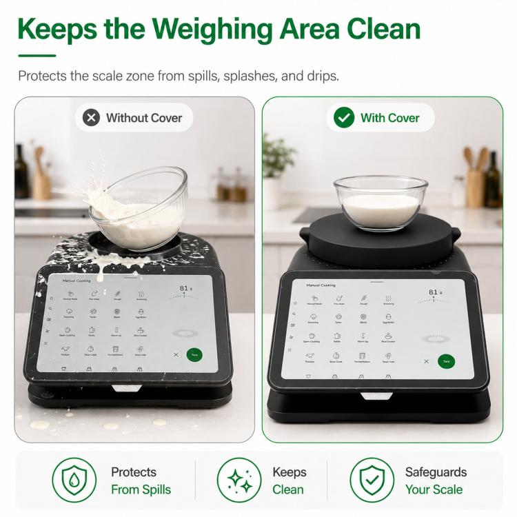 Black silicone weighing area cover on a kitchen scale, helping shield spills