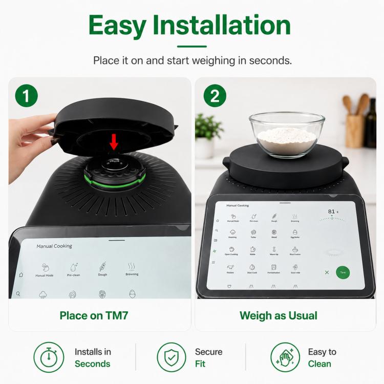 Hands placing a round black silicone weighing plate cover onto the Thermomix scale base