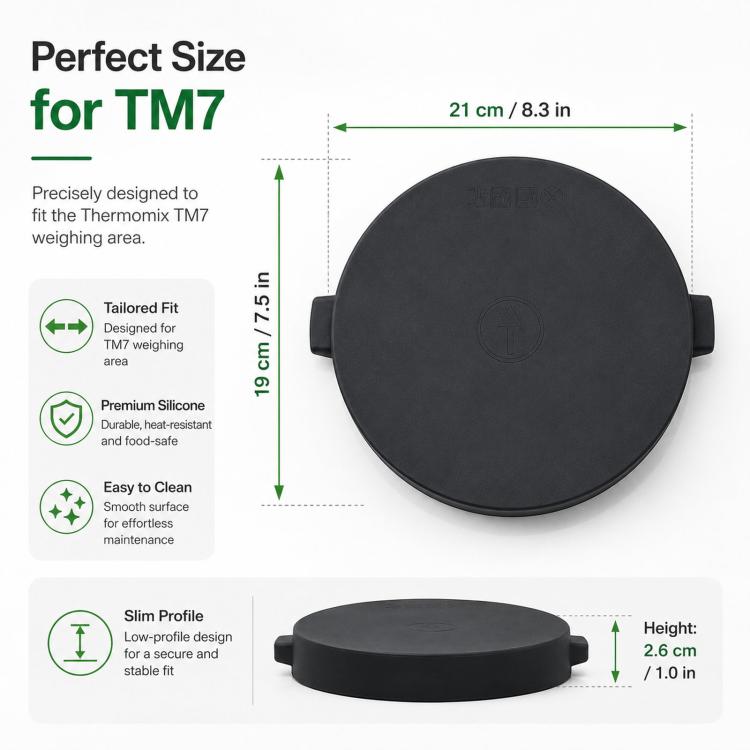 Round black silicone Thermomix weighing plate cover with low-profile design and side tabs